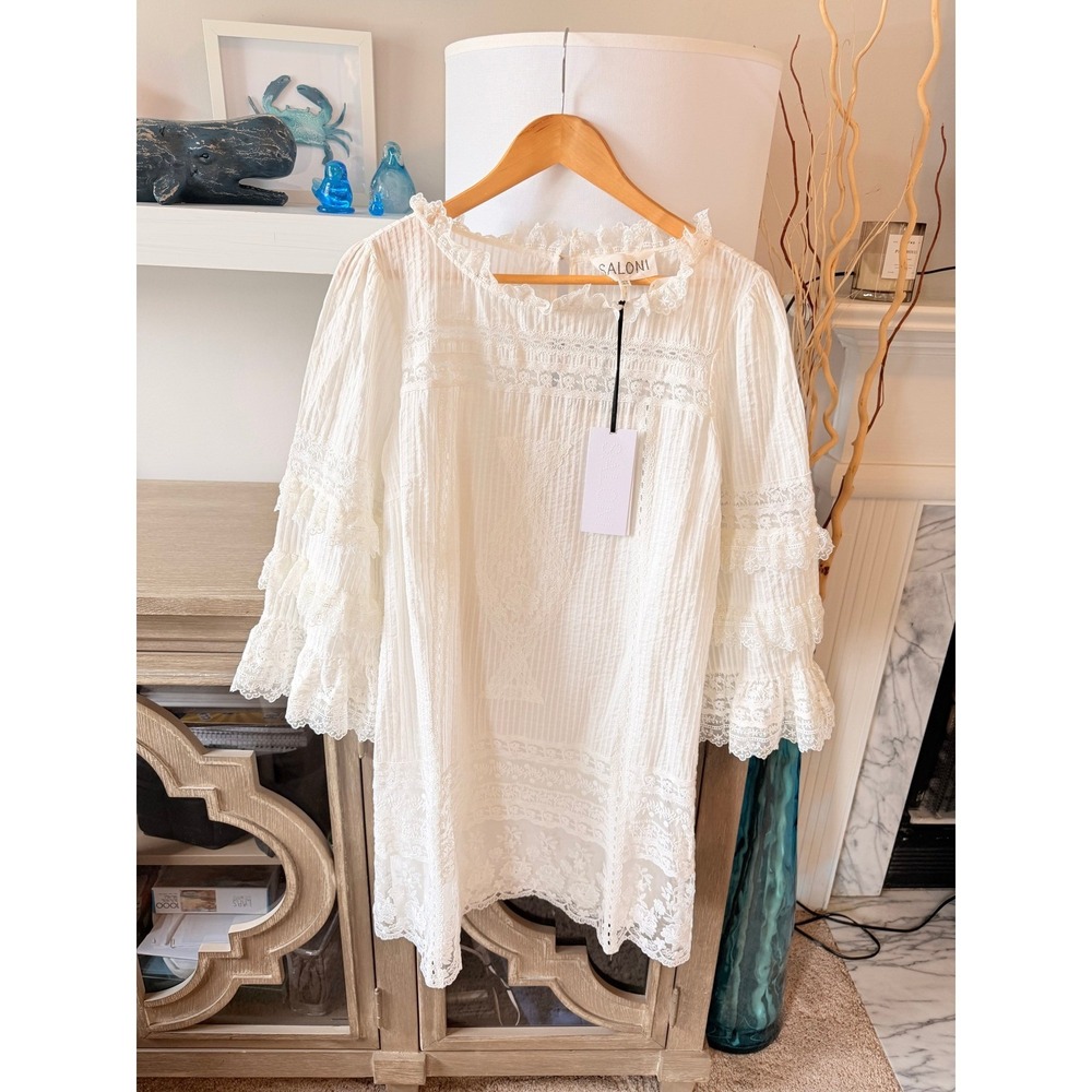 NWT Saloni Lori-B Pintuck Cotton Dress Womens Ivory Size 10 (H1)